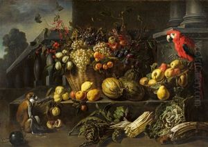 Still Life With Fruits, Vegetable And A Parrot by Adriaen van Utrecht
