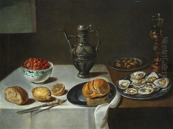 A Dish Of Mussels With A Bowl Of Butter Resting On A Loaf Of Bread, And Fish, Shallots And A Jug, On A Table-top; And A Silver Ewer With A Dish Of Oysters, Lemons, Bread And A Porcelain Bowl Of Strawberries On A Draped Table-top (2) - view 1
