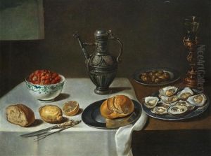 A Dish Of Mussels With A Bowl Of Butter Resting On A Loaf Of Bread, And Fish, Shallots And A Jug, On A Table-top; And A Silver Ewer With A Dish Of Oysters, Lemons, Bread And A Porcelain Bowl Of Strawberries On A Draped Table-top (2) by Adriaen van Utrecht