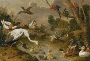 Birds, Including Ducks, Parrots And A Heron, In An Extensive Landscape