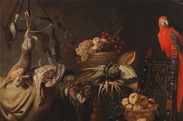 A Still Life Of Fruit And Vegetables With A Parrot And Shot Game - view 1