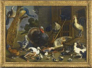 A Variety Of Birds Including A Peacock, Turkey, Chickens, And Ducks With Their Young Drinking, Playing And Pecking About In A Yard