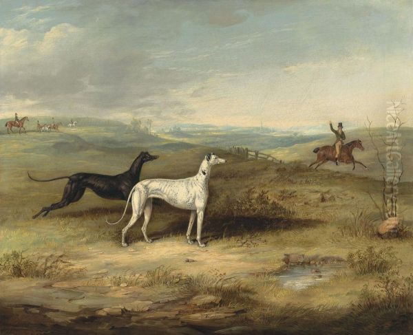 Hare Coursing - Two Greyhounds With A Distant Rider - view 1