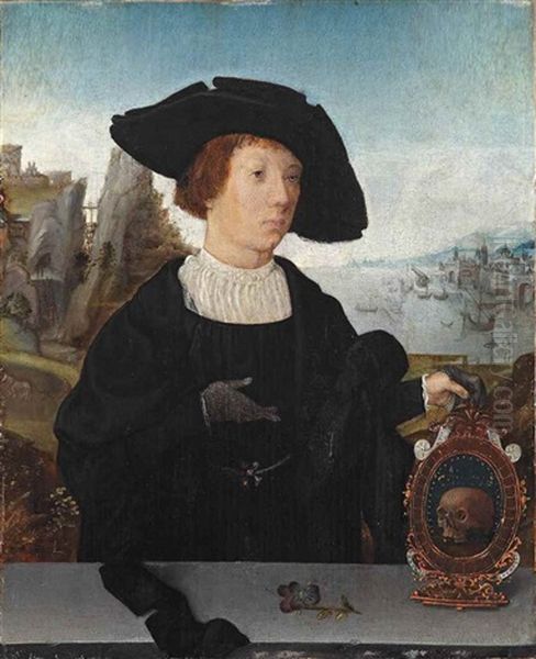 Portrait Of A Young Man, Half-length, With A Black Hat Behind A Ledge Holding A Memento Mori, A Mountainous Landscape With A Port Beyond - view 1