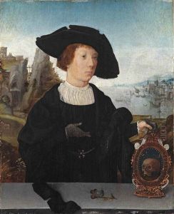 Portrait Of A Young Man, Half-length, With A Black Hat Behind A Ledge Holding A Memento Mori, A Mountainous Landscape With A Port Beyond