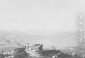 Peasants Resting By A Lake On The Neapolitan Shore; And     Figures And A Horse An Cart On The Neapolitan Coast (2) by Cesare Uva