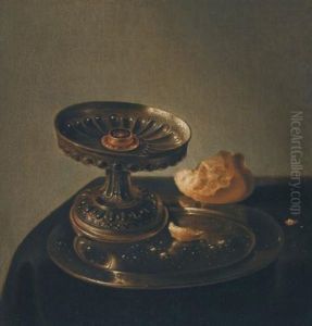 The Still Life With A Tazza And Bread Roll On A Pewter Plate On A Draped Ledge