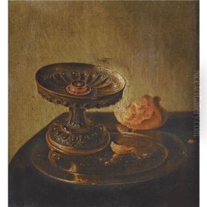 Still Life With A Tazza And Bread Roll On A Pewter Plate On A Adraped Ledge
