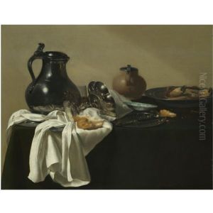 Still Life With A Pewter Jug, A Tazza On Its Side, A Bread Roll, A Crab In A Pewter Dish And Other Objects On A Table Draped In A Green Cloth by Jan Jansz Uyl the Elder