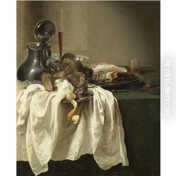 A Still Life With A Pewter Jug And An Overturned Tazza, A Porcelain Bowl, Wine Glass, A Partly-peeled Lemon On A Pewter Dish And Other Objects Arranged Upon A White Table-cloth, Set Before A Stone Nic - view 1