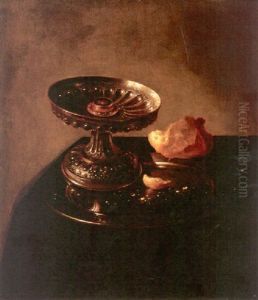 A Tazza And Bread Roll On A Pewter Plate Resting On A Draped Ledge