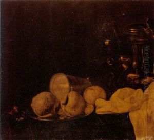 Nature Morte Au Pichet En Etain Et Fruits Sur Un Entablement