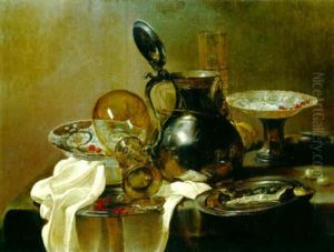 A Pewter Ewer, Overturned Roemer, Bowls, A Sliced Herring On Pewter Plates On A Partly Draped Table