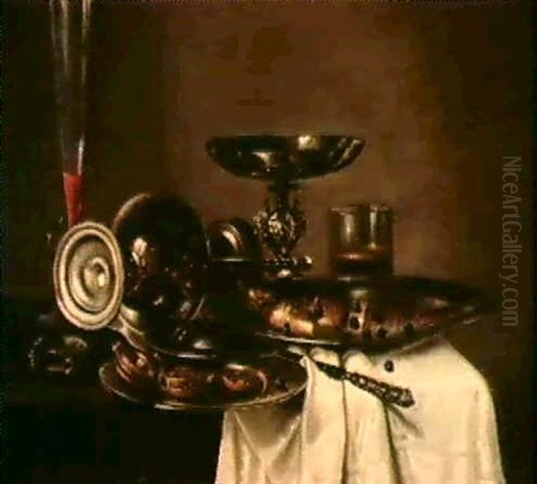 A Banketje: A Roemer, Overturned Ewer, Silver Goblet, Fish And Currants, An Open Pocket Watch And A Mother-of-pearl... - view 1