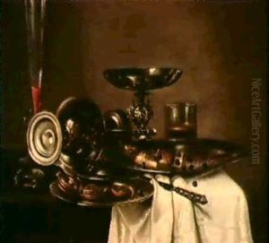 A Banketje: A Roemer, Overturned Ewer, Silver Goblet, Fish  And Currants, An Open Pocket Watch And A Mother-of-pearl...