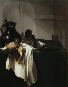 Still Life Of Jug, Fruit On Plates, Knife And Overturned Tazza