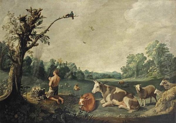 A Man Praying And Sacrificing A Lamb, Sheep And Cattle Resting In The Foreground - view 1