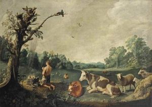 A Man Praying And Sacrificing A Lamb, Sheep And Cattle Resting In The Foreground A Man Praying And Sacrificing A Lamb, Sheep And Cattle Resting In The Foreground