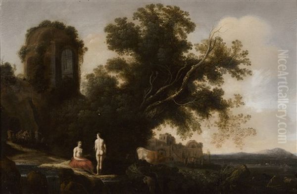 A Landscape With Two Figures In The Foreground, A Bacchic Procession In The Distance And With The Ruins Of A Temple On A Cliff Above - view 1