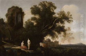 A Landscape With Two Figures In The Foreground, A Bacchic Procession In The Distance And With The Ruins Of A Temple On A Cliff Above by Moyses van Uytenbroeck