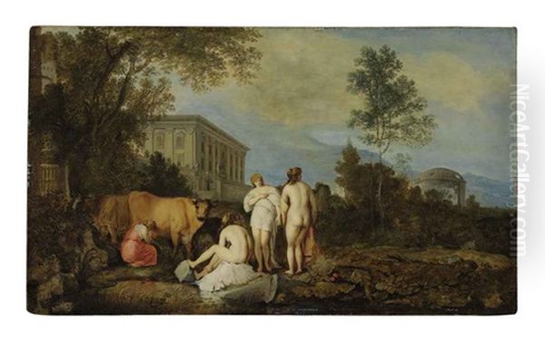 Bathers And A Milkmaid By A Palace In An Italian Landscape - view 1