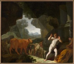 Erschreckter Jungling Mit Viehherde In Einer Tempelgrotte by Jan van Uyttenbroeck