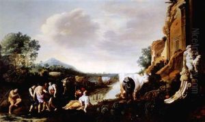 Tanzende Schafer Vor Schlossruine by Jan van Uyttenbroeck