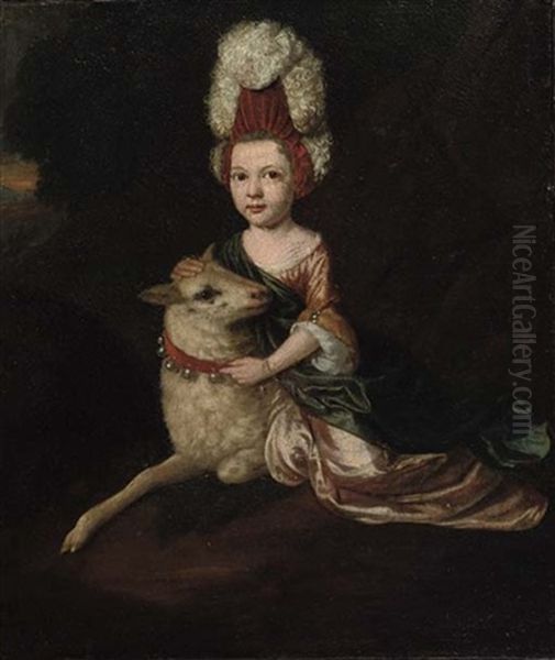Portrait Of A Girl In A Pink Dress, Seated By A Sheep - view 1