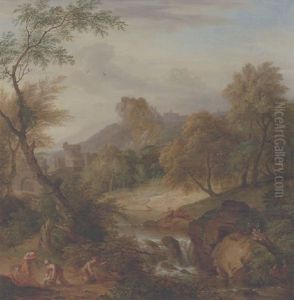 Romantisk Landskab Med Personer Ved En Hojtliggende By Og Borg by Jan van der Vaardt