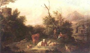 An Italianate Landscape With A Cowherd Watching Over His Livestock, Shepherdess Beside Him Cradling A Child
