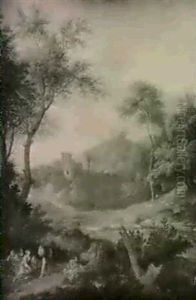 Mountainous Southern Landscape With Figures By A Stream by Jan van der Vaardt
