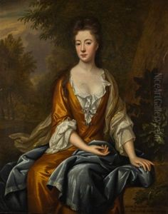 Portrait Of Meliora Gomeldon (circa 1674-1719), Three-quarter-length, Wearing An Orange Dress With Blue And White Cloak, Seated In A Landscape