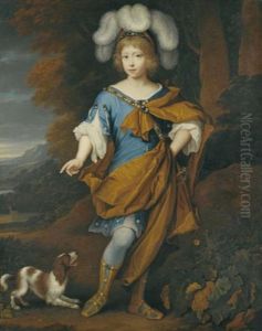 Portrait Of A Boy, Aged 6, Standing Full-length, Wearing Blue Costume With A Yellow Cloak by John van der Vaart