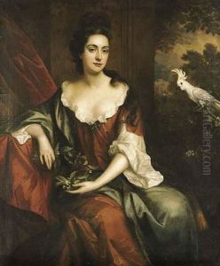 Portrait Of A Lady Seated In A Brown Dress With A Blue Cloak, Holding An Orange Blosson, By A Red Curtain With A White Cockatoo, A Landscape Beyond