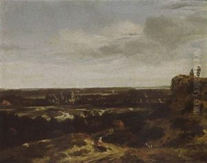 An Extensive Dune Landscape With A Woman Resting In The Foreground, And A View Of The Village Beyond by John van der Vaart