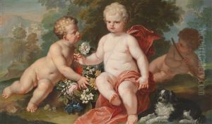 Drei Putti Mit Einem Spaniel Vor Landschaftshintergrund