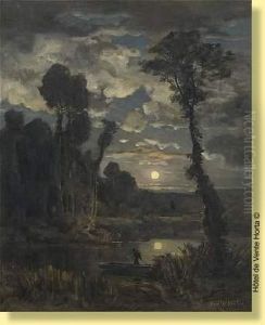 Pecheur Au Lever De Lune by Emile Adelard Breton