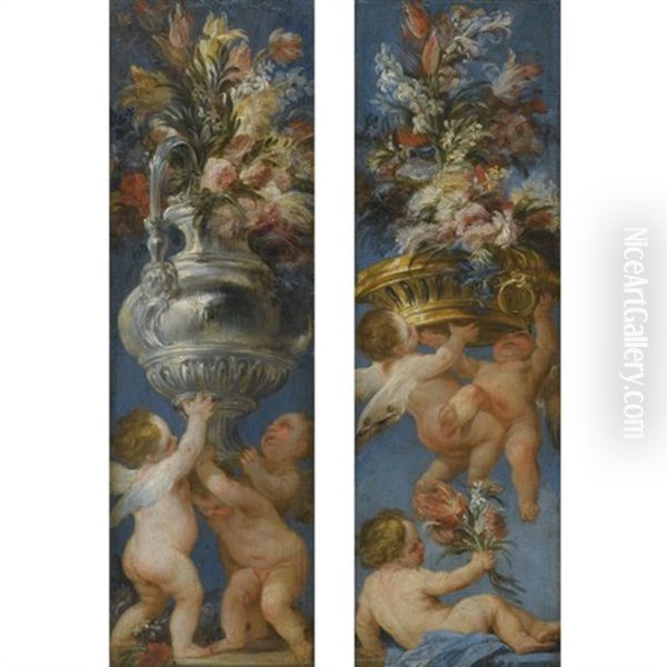 Flower Still Lives With Cavorting Putti (pair) - view 1