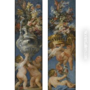Flower Still Lives With Cavorting Putti (pair) Flower Still Lives With Cavorting Putti (pair)