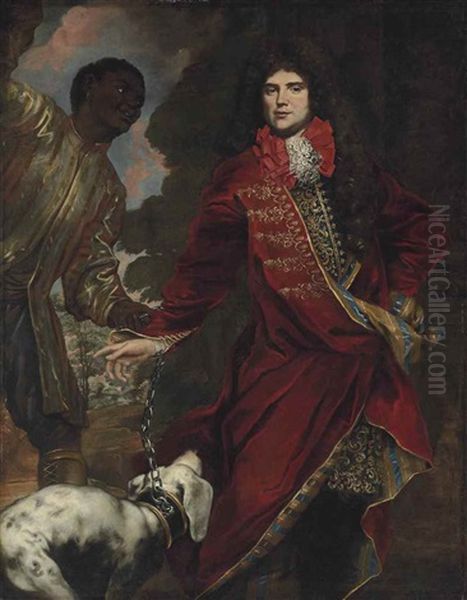 Portrait Of A Gentleman, Three-quarter-length, In A Red Coat With Gold Embroidery, With A Page Holding A Pointer On A Chain, In A Landscape - view 1