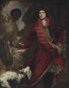 Portrait Of A Gentleman, Three-quarter-length, In A Red Coat With Gold Embroidery, With A Page Holding A Pointer On A Chain, In A Landscape by nicolo Maria Vaccaro