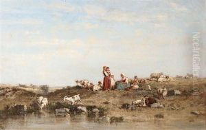 Bergeres Et Enfants Gardant Le Troupeau