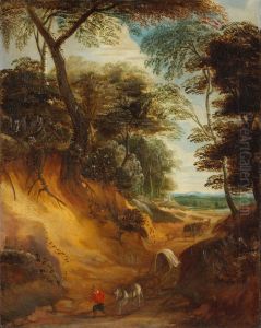 A Hilly Landscape With Travellers And A Wagon On A Path by Lodewijk De Vadder