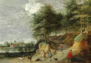 A Hilly Landscape With Shepherds On A Track by Lodewijk De Vadder