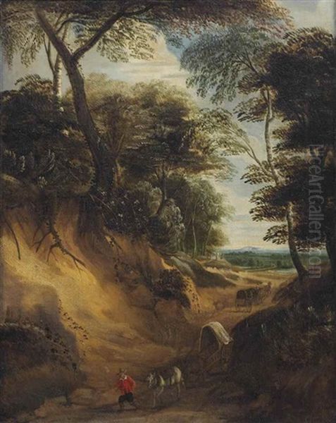 A Wooded Landscape With Wagons Passing Through A Hollow, Sandy Road - view 1