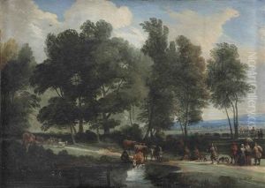A View Of 'foret De Soignes' With A Cow Herder Watering His Cattle, A Huntsman And Other Travellers On A Sandy Path by Lodewijk De Vadder
