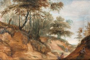 A Wooded Landscape With Figures Resting Beside A Country Path by Lodewijk De Vadder