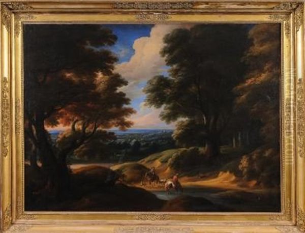 An Upland Wooded Landscape, Horsemen And Dogs Resting By A Stream In The Foreground, Extensive Vista Beyond - view 1