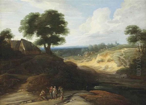 A Hilly Landscape With Figures Conversing On A Track, A Shepherd And His Cattle Beyond - view 1