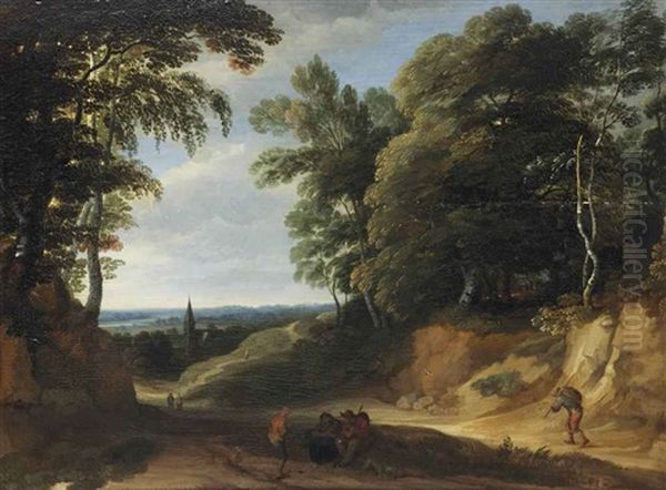 A Wooded Landscape With Figures On A Path, A Village Beyond - view 1